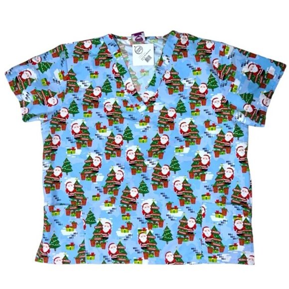 Devine Curves Scrub Christmas Top Women V Neck Short Sleeve Santa Blue Plus 3X - Picture 15 of 15